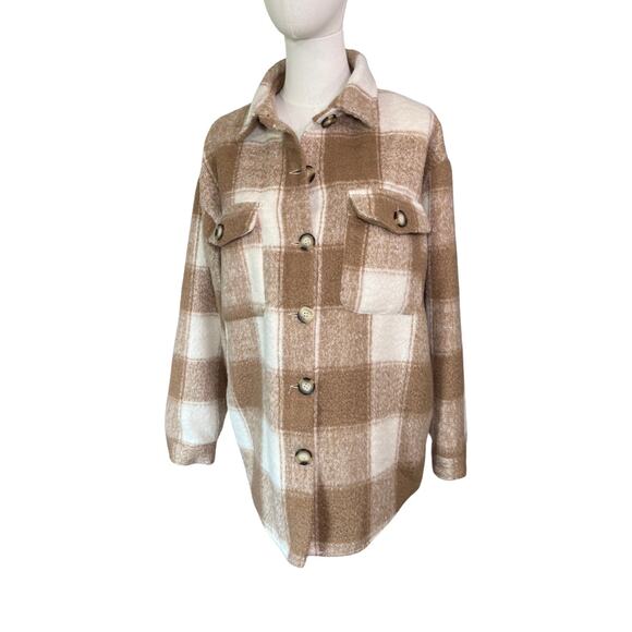 Aqua Tan White Plaid Shacket Jacket Coat Medium Pockets Button Front EUC - Picture 1 of 7